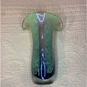 Vintage Teleflora Heavy Tulip Hand Blown Glass Vase 8" purple green Flared MCM